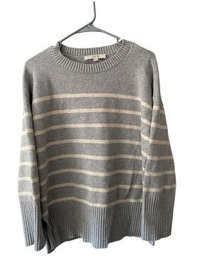 LOFT Striped Crewneck Sweater | Size L |Heather Gray & Cream | Minimalist